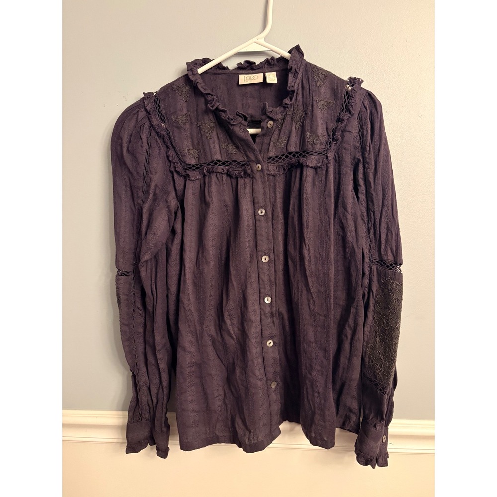 Boho Embroidered Ruffle Blouse Shirt LOGO Lavish Lori Goldstein Navy Prairie XS